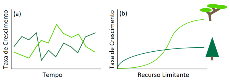Figura 1 – Mecanismos de coexistência flutuação-dependentes. (a) storage-effect ocorre quando a resposta a flutuações ambientais não é perfeitamente correlacionada. (b) não linearidade relativa ocorre quando há uma resposta não linear a um fator que flutua ao longo do tempo (Adaptado de Adler et al., 2013)