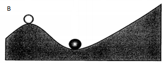 Figura 1. Modelos fazem analogia da estabilidade do sistema com uma bola (sistema) em fundo de vale (estado de equilíbrio ou bacia de atração). Pela definição de “engineering resilience” (A), a bola localizada no fundo do vale representa o único ponto de equilíbrio estável no sistema. Pela definição de “ecological resilience” (B), há múltiplas bacias de atração no sistema. Neste caso, o sistema possui dois possíveis estados estáveis separados por um ponto de equilíbrio instável. Bolas branca e preta representam o sistema em equilíbrio instável e estável, respectivamente. 